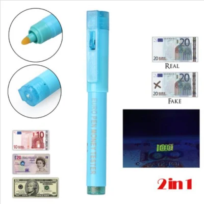 Caneta detectora de dinheiro falsificado 2 em 1, caneta testadora de notas, luz negra UV, detector de moeda